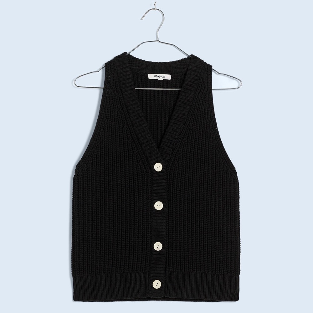 Madewell Cutaway Sweater Vest Knit Cotton Black Preppy Academia Minimalist XL